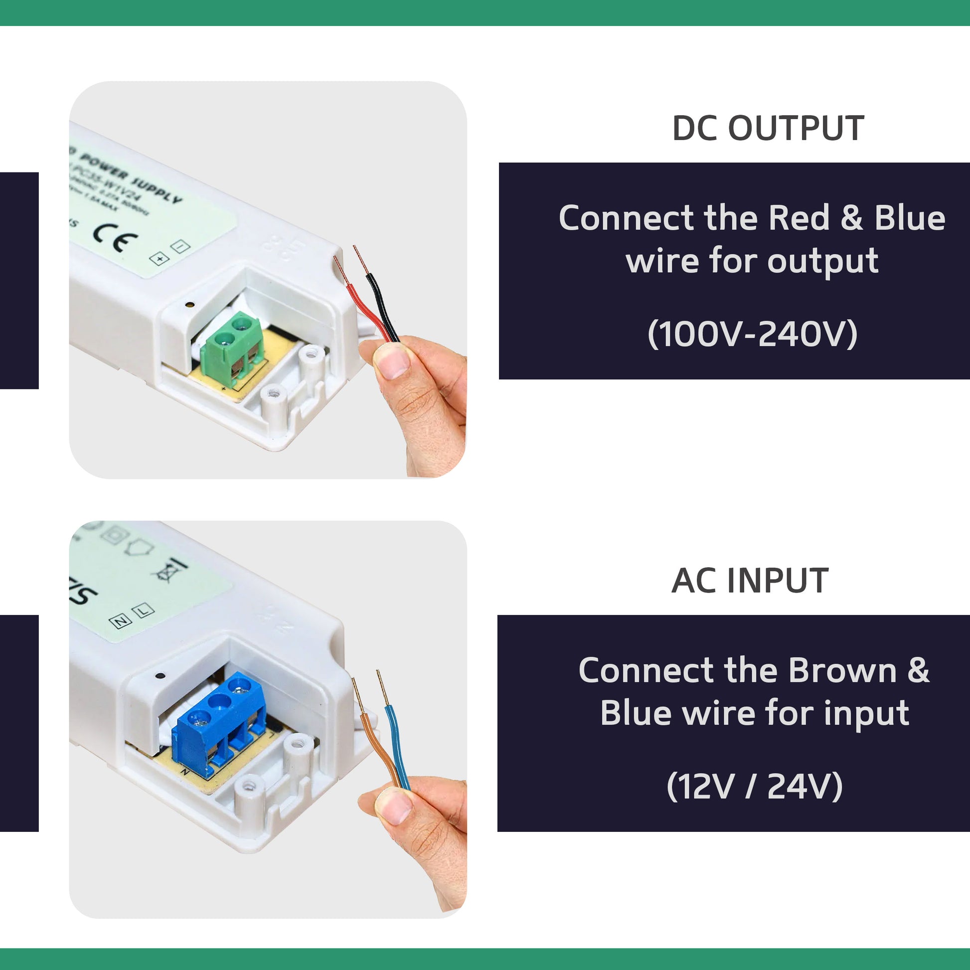 Instructions for connecting wires to a power supply device with text on DC output and AC input.