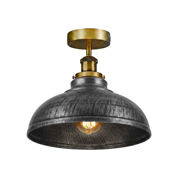 Industrial Semi-Flush Ceiling Light – Vintage Metal Dome Shade E27 ~6611 – Brushed Silver