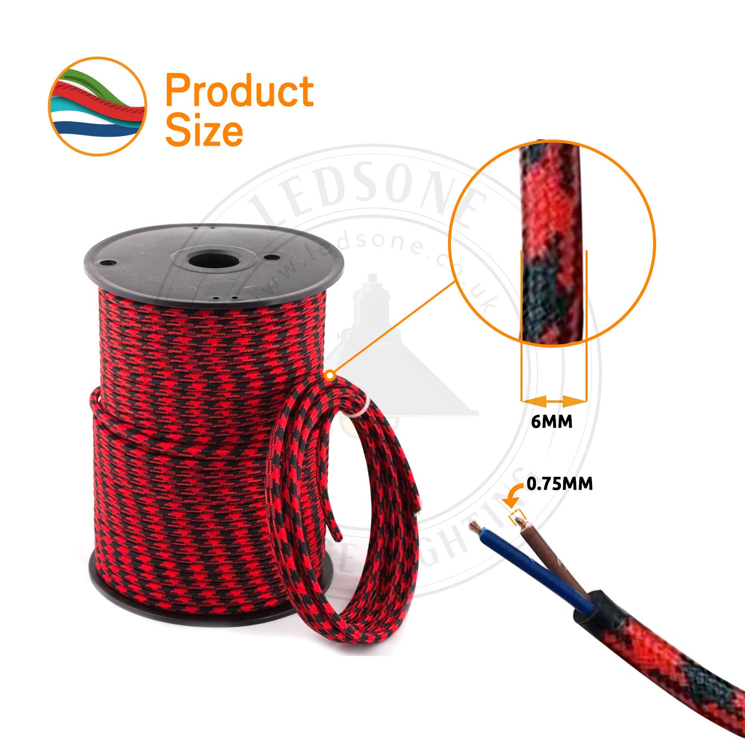 2core Round Vintage Braided Fabric Red & Black Colour Cable Flex 0.75mm~4892