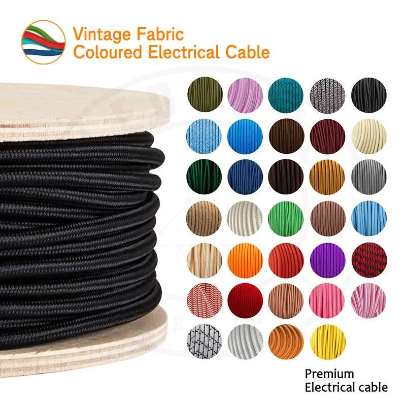 5m 3 core Round Vintage Braided Fabric Teal + Black Cable Flex 0.75mm~4552