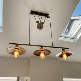 Ceiling Light Pulley System – 3 Light Industrial Pendant Chandelier ~5952