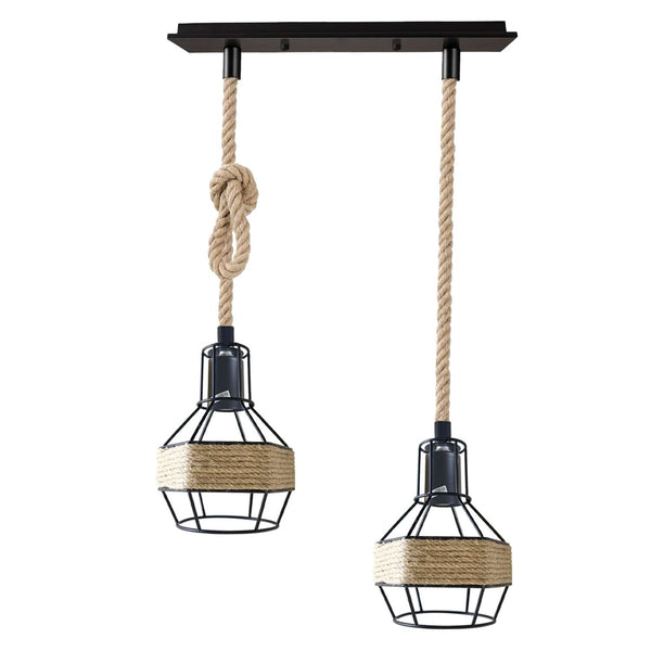 Hemp Rope Cord Pendant Light-E27 Metal Cage Hanging Lamp~5582 – 2 Head Rectangle