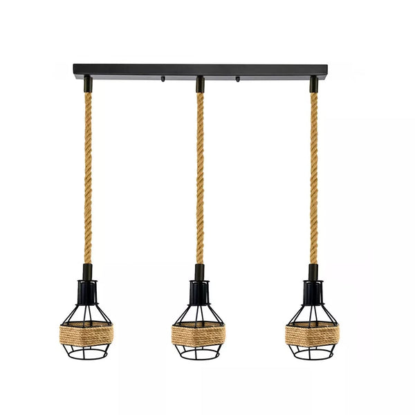 Hemp Rope Cord Pendant Light-E27 Metal Cage Hanging Lamp~5582 – 3 Head Rectangle