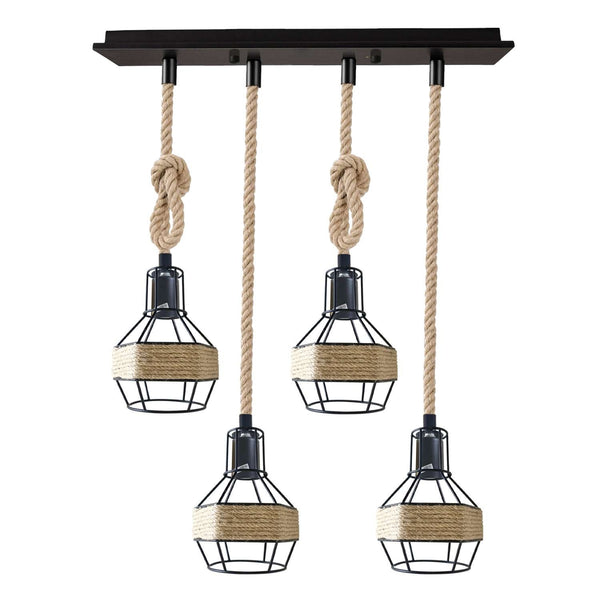 Hemp Rope Cord Pendant Light-E27 Metal Cage Hanging Lamp~5582 – 4 Head Rectangle