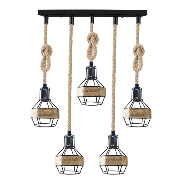 Hemp Rope Cord Pendant Light-E27 Metal Cage Hanging Lamp~5582 – 5 Head Rectangle