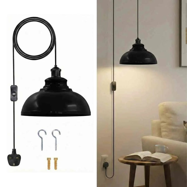 Plug in Swag Pendant Light with Metal Shade On/ Off Switch ~6568 – Black