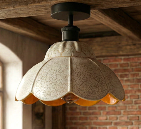 Vintage Black Ceiling Light with White Crackle Glass E27 Holder ~6702