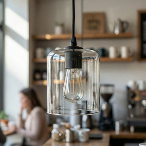 Modern Clear Glass Pendant Light with Black Metal Ceiling Rose ~6699