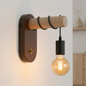 Industrial Wooden Wall Light with E27 Bulb & Toggle ~6767