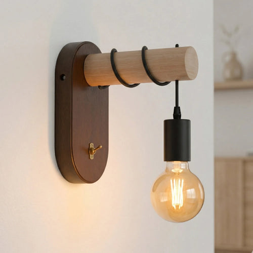 Industrial wooden wall light with built-in toggle switch and E27 bulb