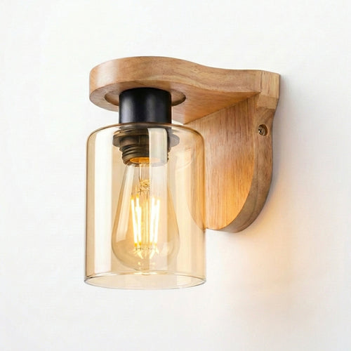 Wooden wall light with amber glass shade and E27 bulb
