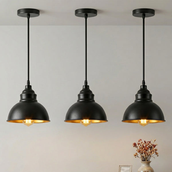 Industrial Black Pendant Light E27 Gold Inner Shade ~6789