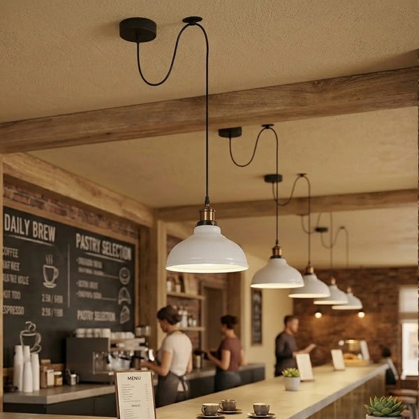 Industrial Dome Pendant Light with Adjustable Cable Drape ~6821 – White