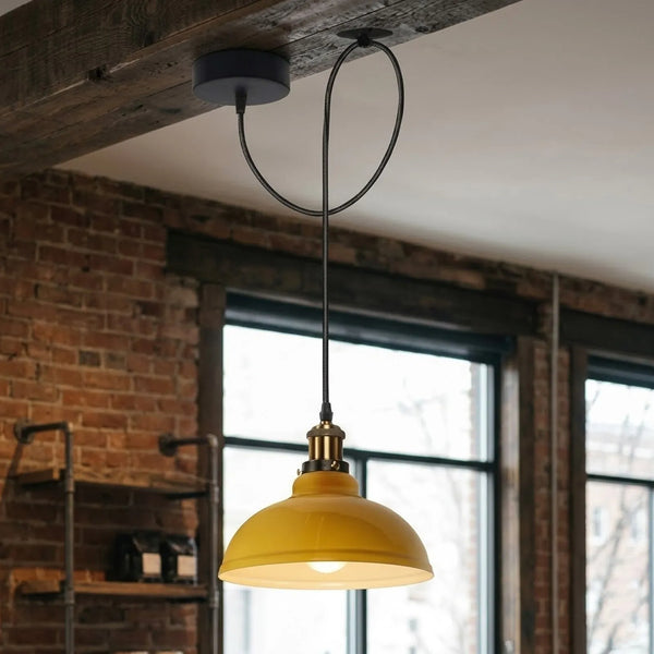 Industrial Dome Pendant Light with Adjustable Cable Drape ~6821 – Yellow