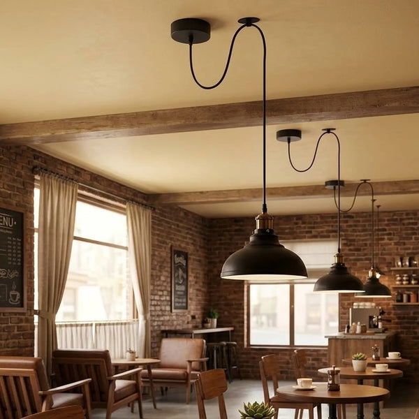 Industrial Dome Pendant Light with Adjustable Cable Drape ~6821 – Black Inner White