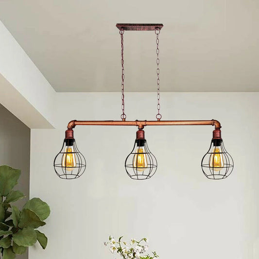 Rustic Red Retro Pendant Pipe Light 3 Head Cage Suspended Ceiling Lights~1791