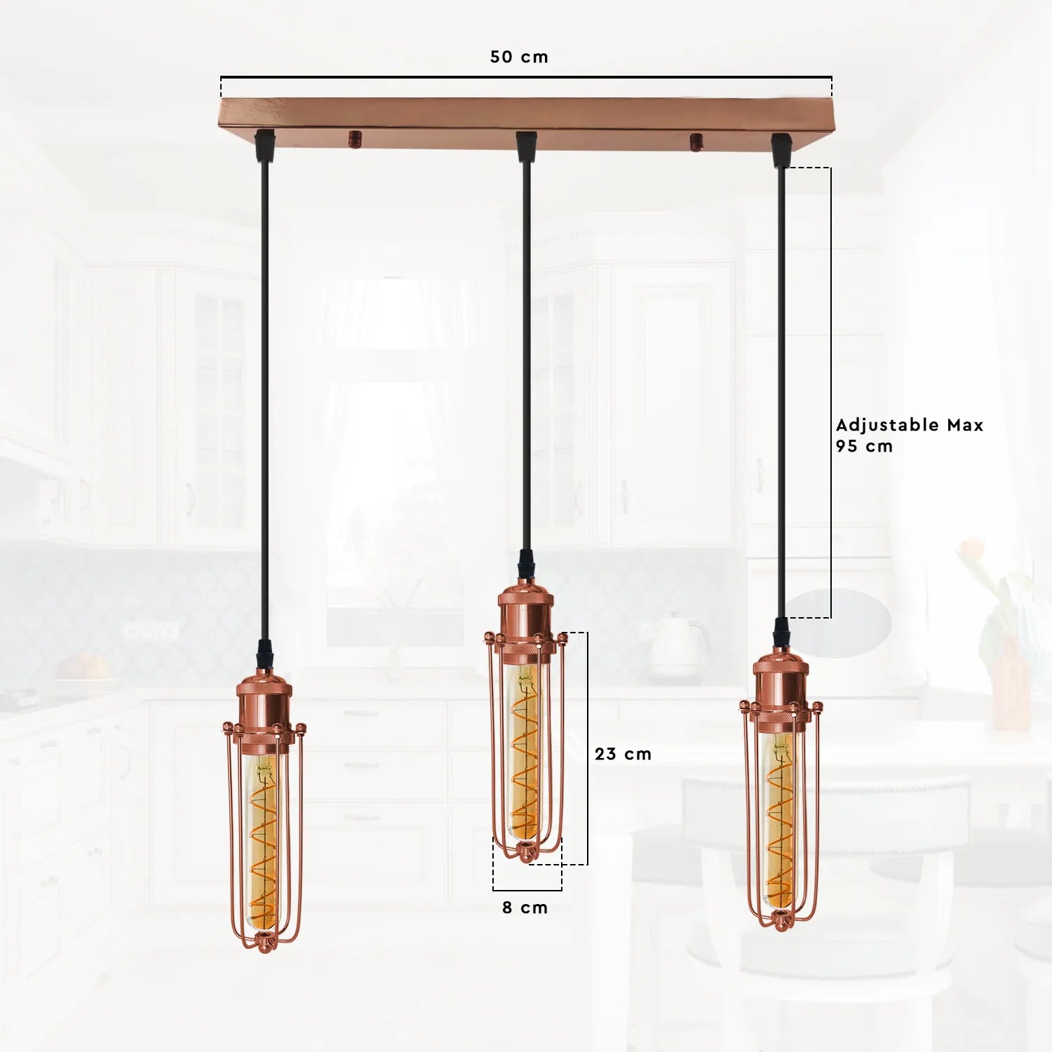 3 Head Rectangle Rose Gold Ceiling E27 Pendant Light,Wire Cage,Hanging Lamp~4208