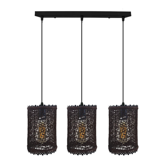 3 Head Rectangle Wicker Rattan Ceiling Pendant Shade E27 cord Hanging Lights~4195