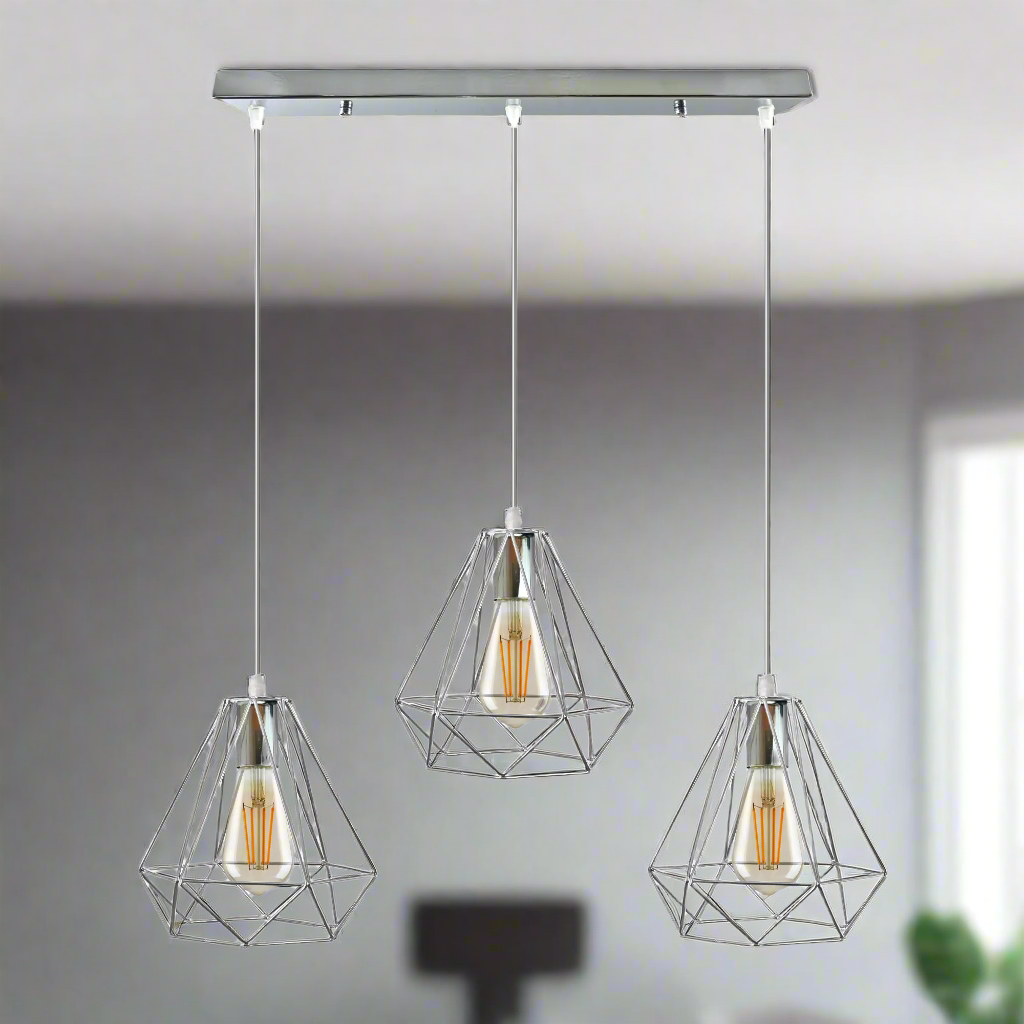A chrome metal 3-head rectangle pendant light with a geometric diamond wire cage design, featuring three E27 light bulbs.