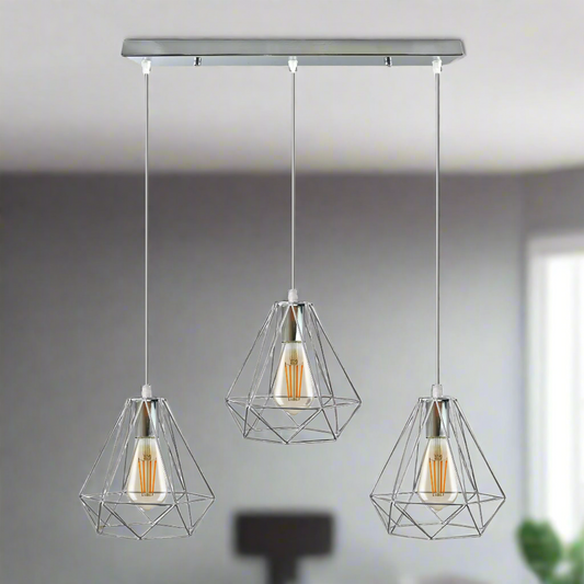 A chrome metal 3-head rectangle pendant light with a geometric diamond wire cage design, featuring three E27 light bulbs.