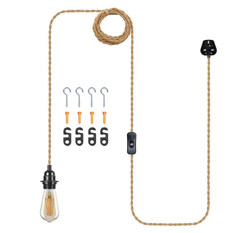 Industrial Hanging Adjustable Hemp Rope ON/OFF Switch UK Plug Pendant Light~4554