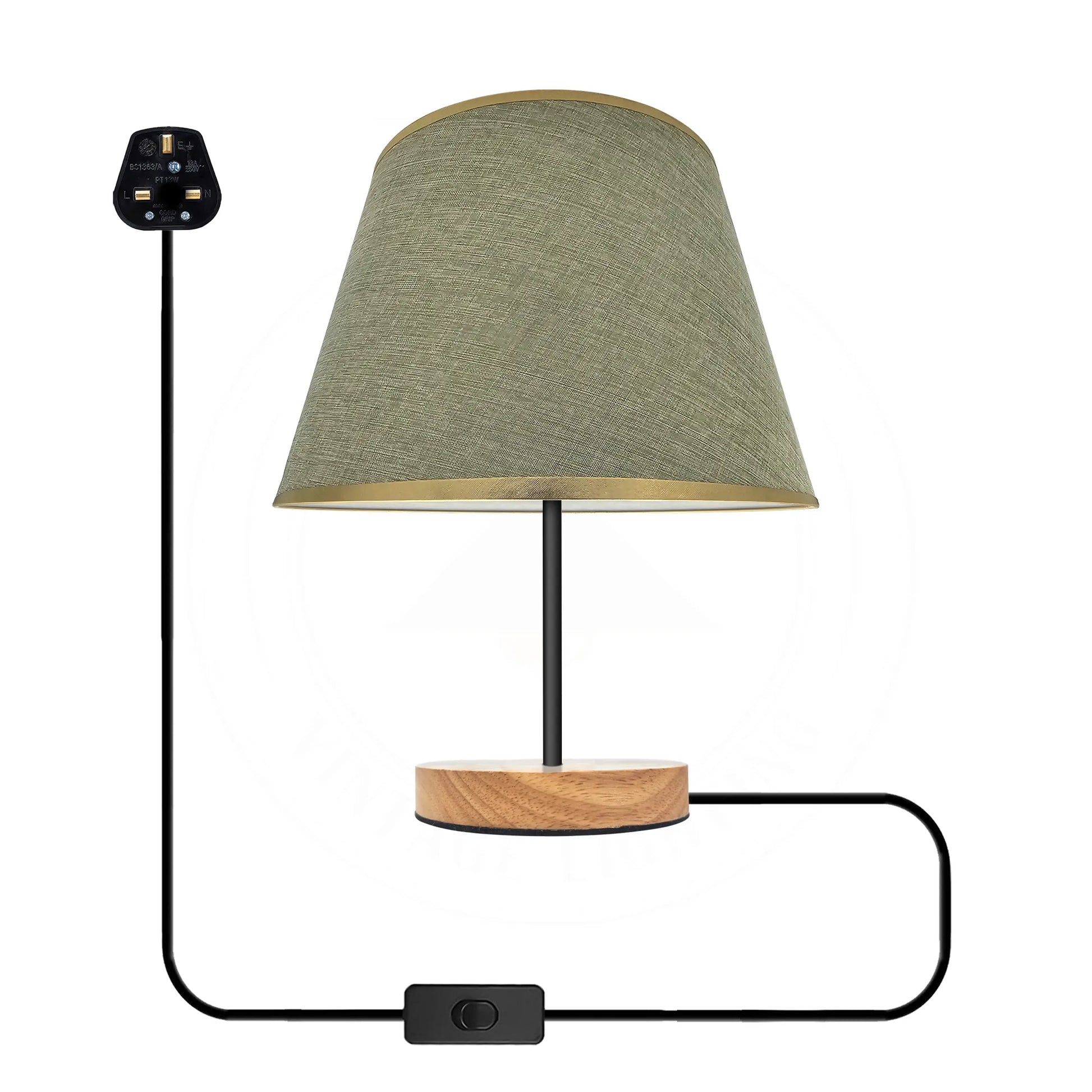3 Pin Plug in Wooden Base Lampshade