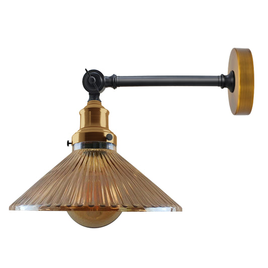 Industrial ribbed amber glass wall sconce light with adjustable brass E27 fitting