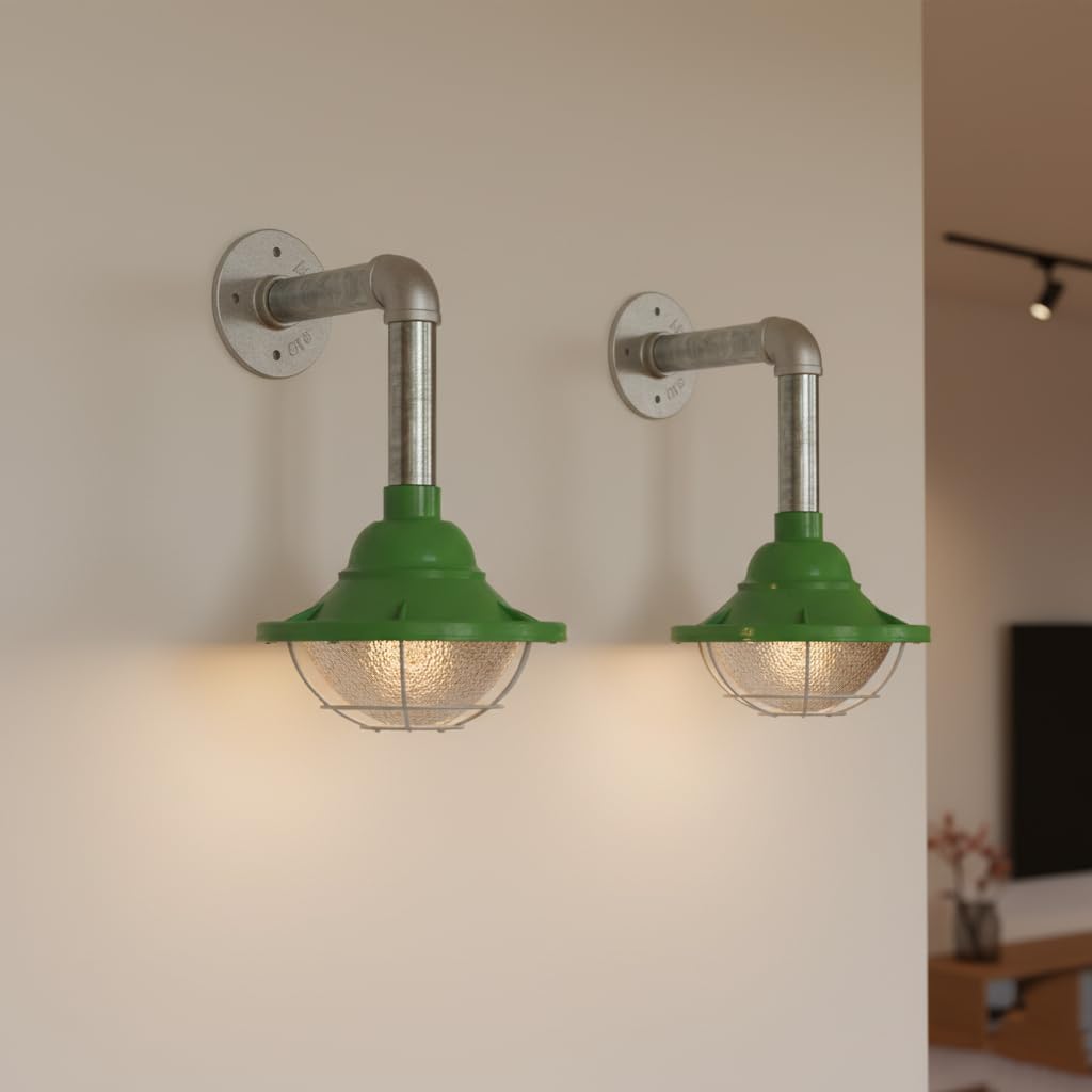 green galvanised steel wall sconce with bulb, 2-pack industrial wall light green, 10.5cm metal fisherman cage lamp, E27 vintage green pipe lighting, ready-to-install green wall sconces