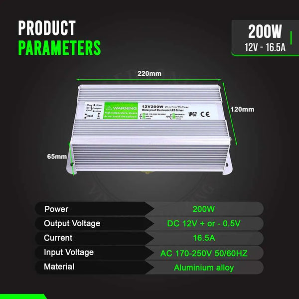 IP67 DC 12V Waterproof LED Driver LED Power Supply Ledsone Transformer ~ 4490 – 200W(3 OUT)
