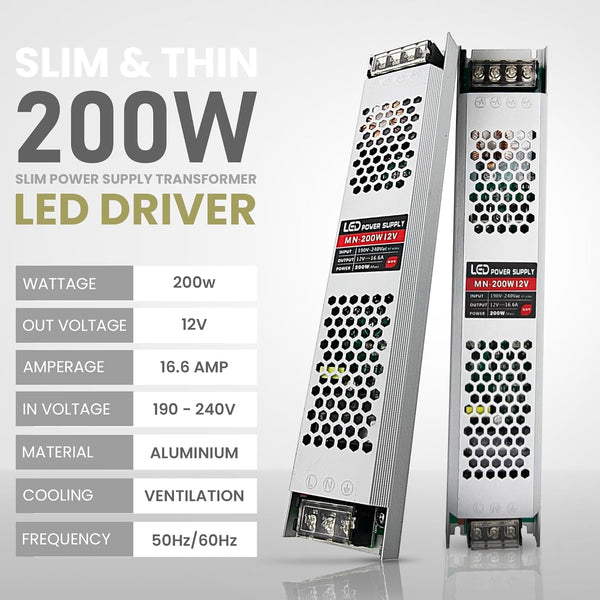 Slim Regulated LED Driver 12V 24V Aluminium Power Supply~4472 – 200w