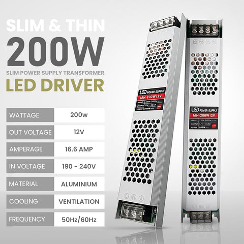 DC 12V Power Supply Slim IP20 Transformer 60-300W AC 190V/240V LED Driver~4472