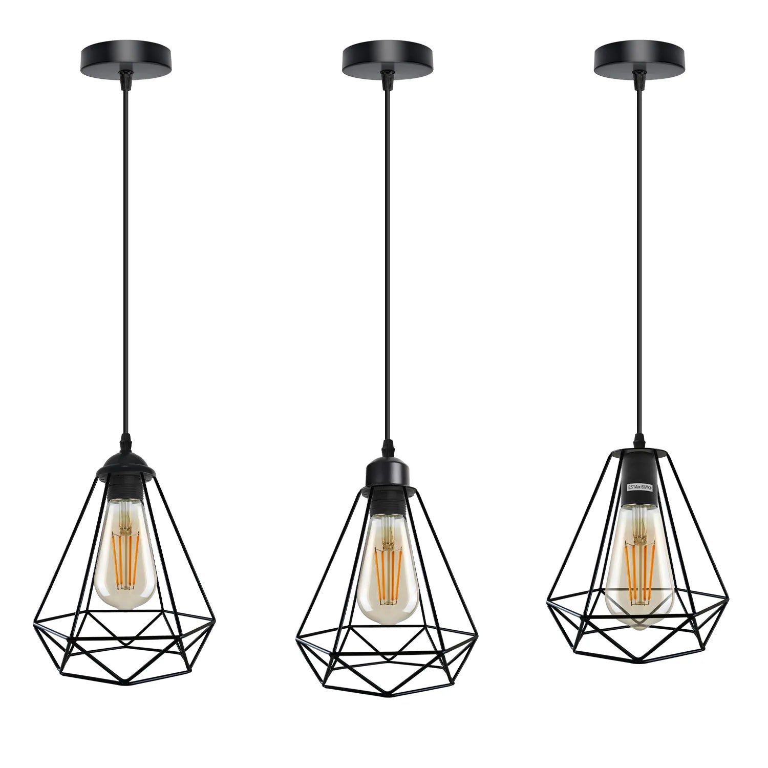 Black diamond-shaped wire cage metal,E27 cord ceiling hanging pendant lighting~4489