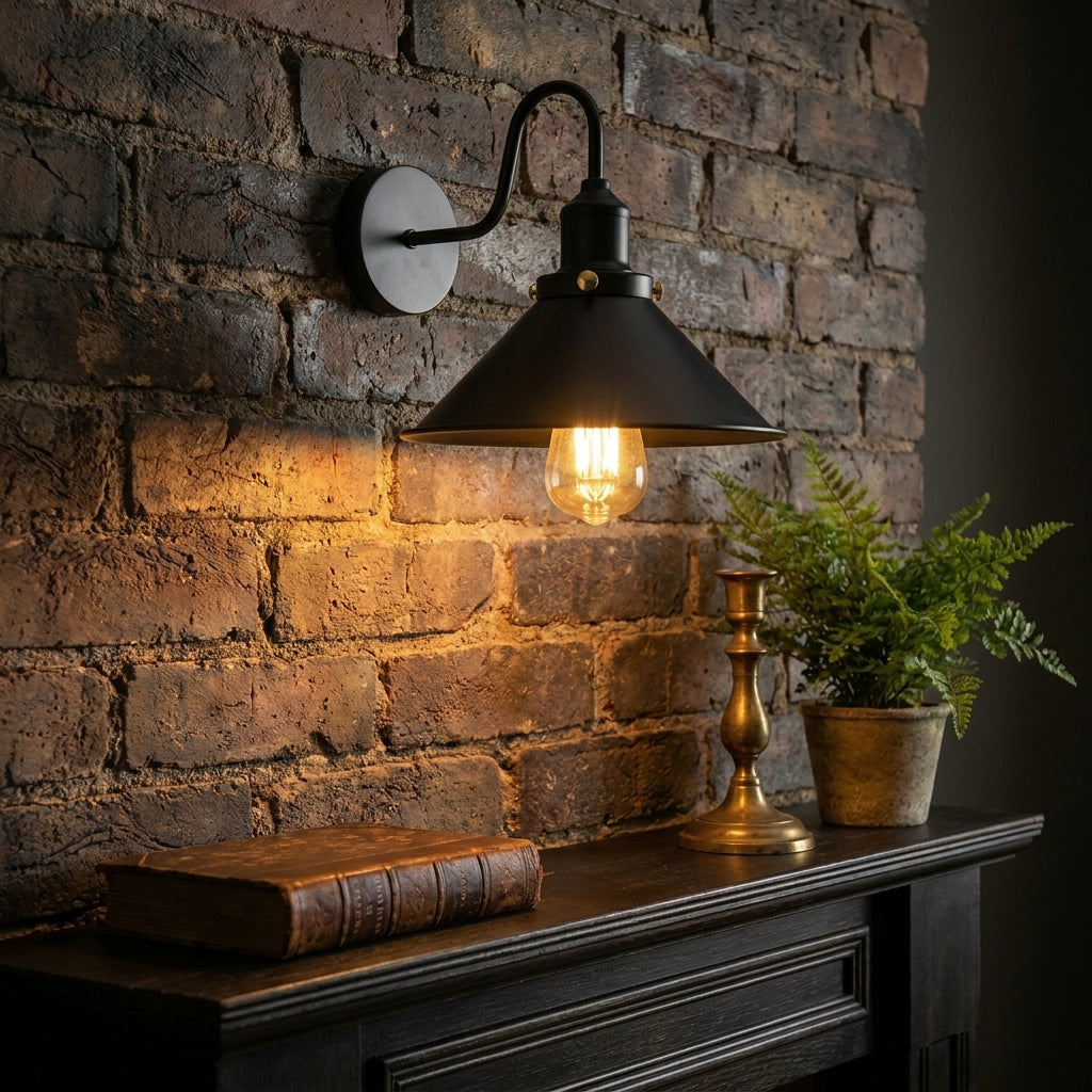 A black metal swing-arm wall sconce with a warm glowing Edison bulb, mounted on a rustic brick wall above a dark wooden console table with a book and a potted fern.