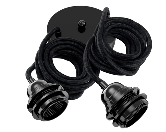 Black Twin Pendant Light Kit with Ceiling Rose – Fabric Cable Hanging Lamp Holder E27 ~5692