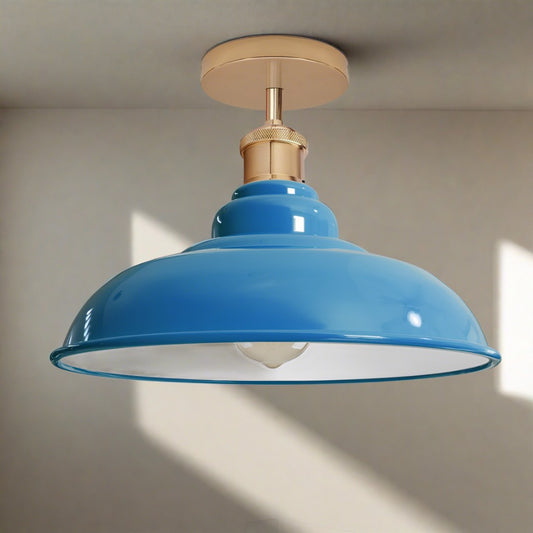 Industrial Vintage Retro Flush Mount Glossy Shade Cyan Blue colour Ceiling Light E27 UK~3770
