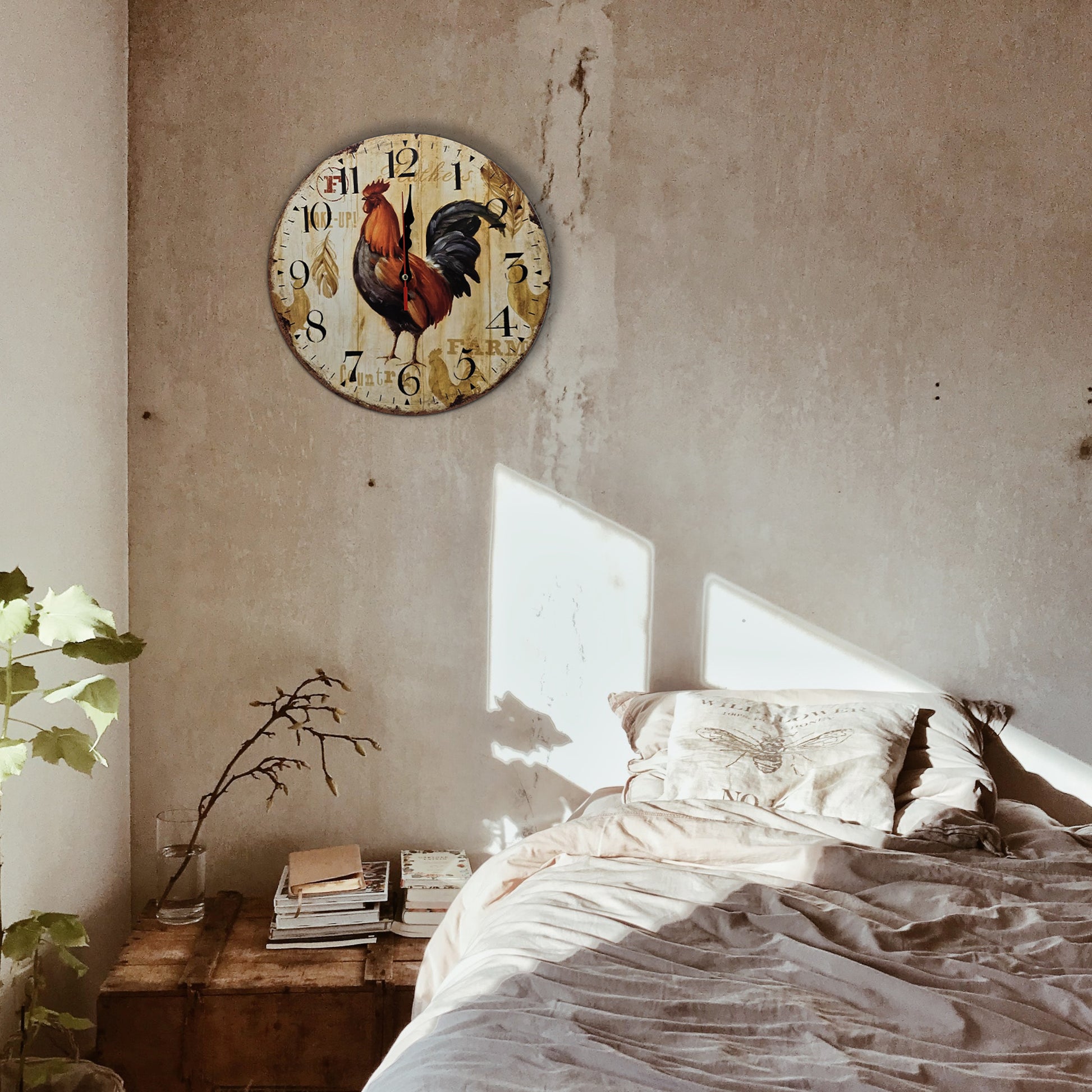 Large Retro Wooden Rooster Wall Clock