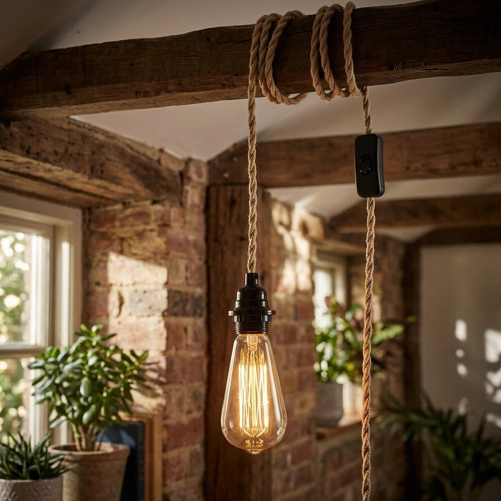 A hanging Edison-style light bulb with a black socket and thick natural-fiber rope cord, suspended from a rustic wooden ceiling beam in a warm indoor room with brick walls and plants.