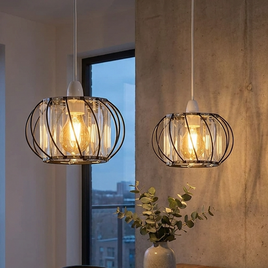 Two hanging lights above a wooden dining table with a cityscape view. 2 Pack Crystal Glass Ceiling Pendant Light Shade with Bulb