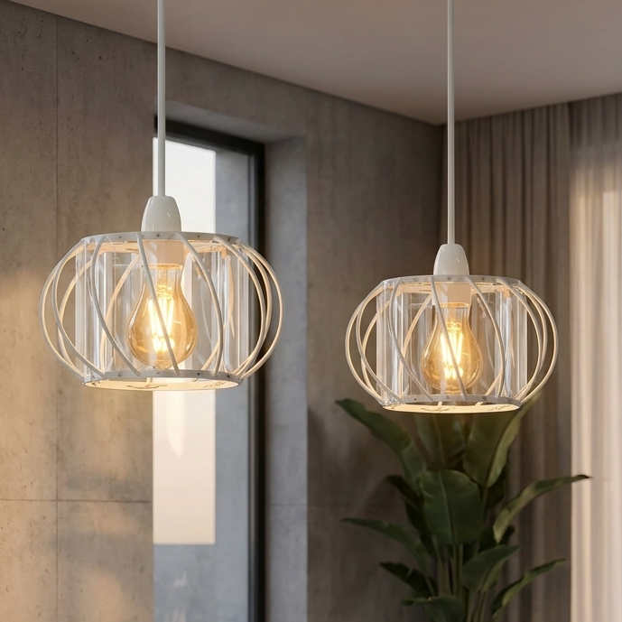 Crystal glass pendant shades over a dining table in a modern living space