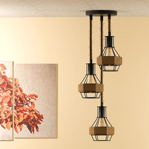 Industrial Hemp Rope Pendant Light - Black Cage  E27 Ceiling Chandelier | Adjustable Height ~6203 – Round 3 Head