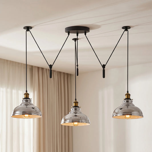 3-Light Rise and Fall Ceiling Pendant Light Pulley Fixture Dome Shade ~5600