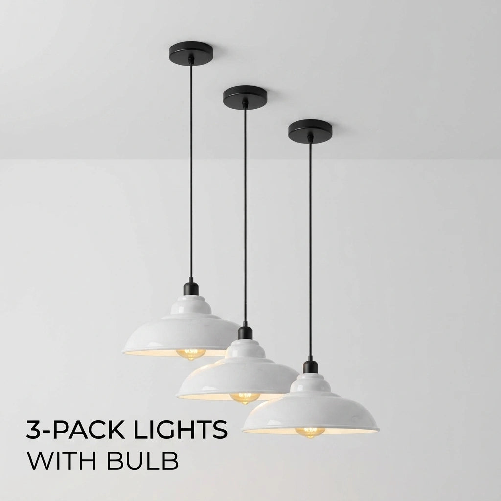 Three-pack pendant light set with white dome-shaped shades and black cords, shown hanging against a white wall and ceiling with text reading '3-PACK LIGHTS WITH BULB'.