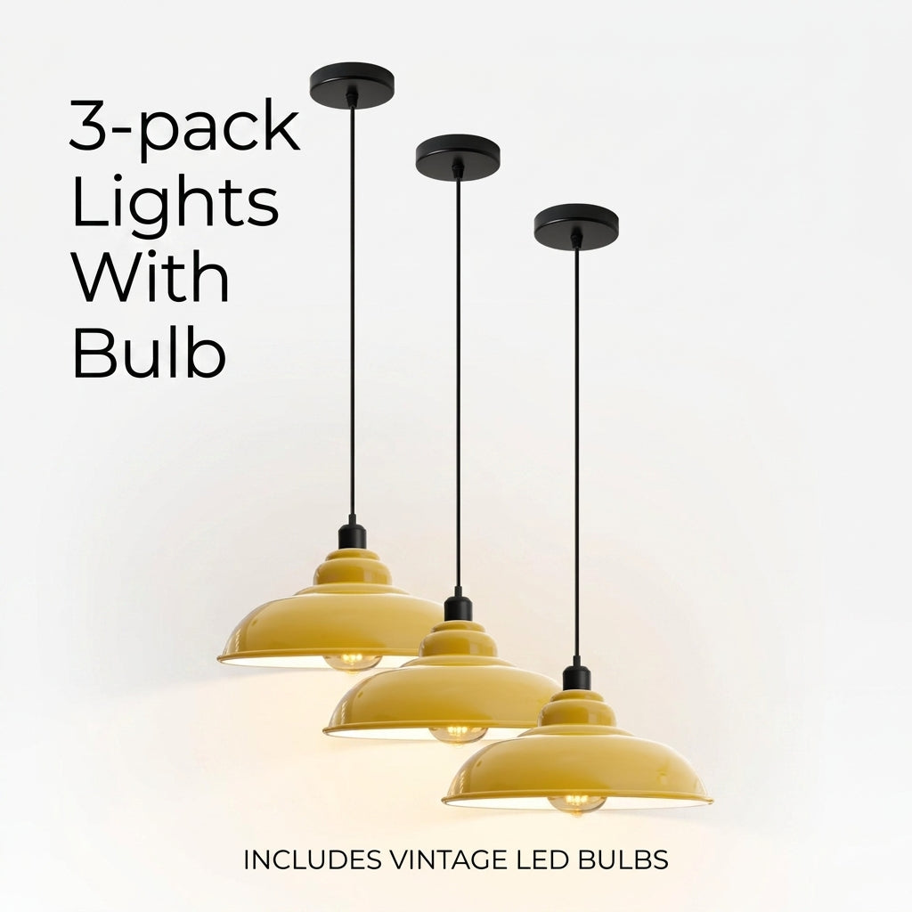 Three vintage-style pendant lights with yellow dome shades and black cords, shown against a white background with text reading '3-pack Lights With Bulb' and 'INCLUDES VINTAGE LED BULBS'.