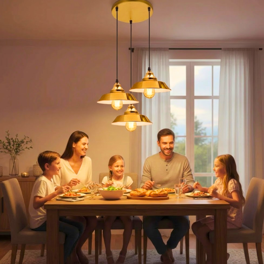 Family of five sitting around a dining table in a well-lit room with pendant lights.