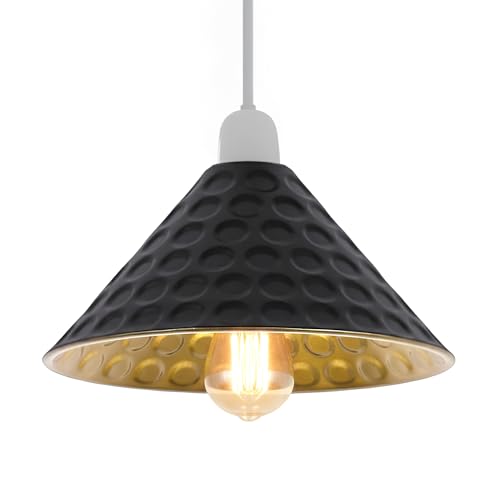 Black and gold cone lamp shades grouped over a kitchen counter