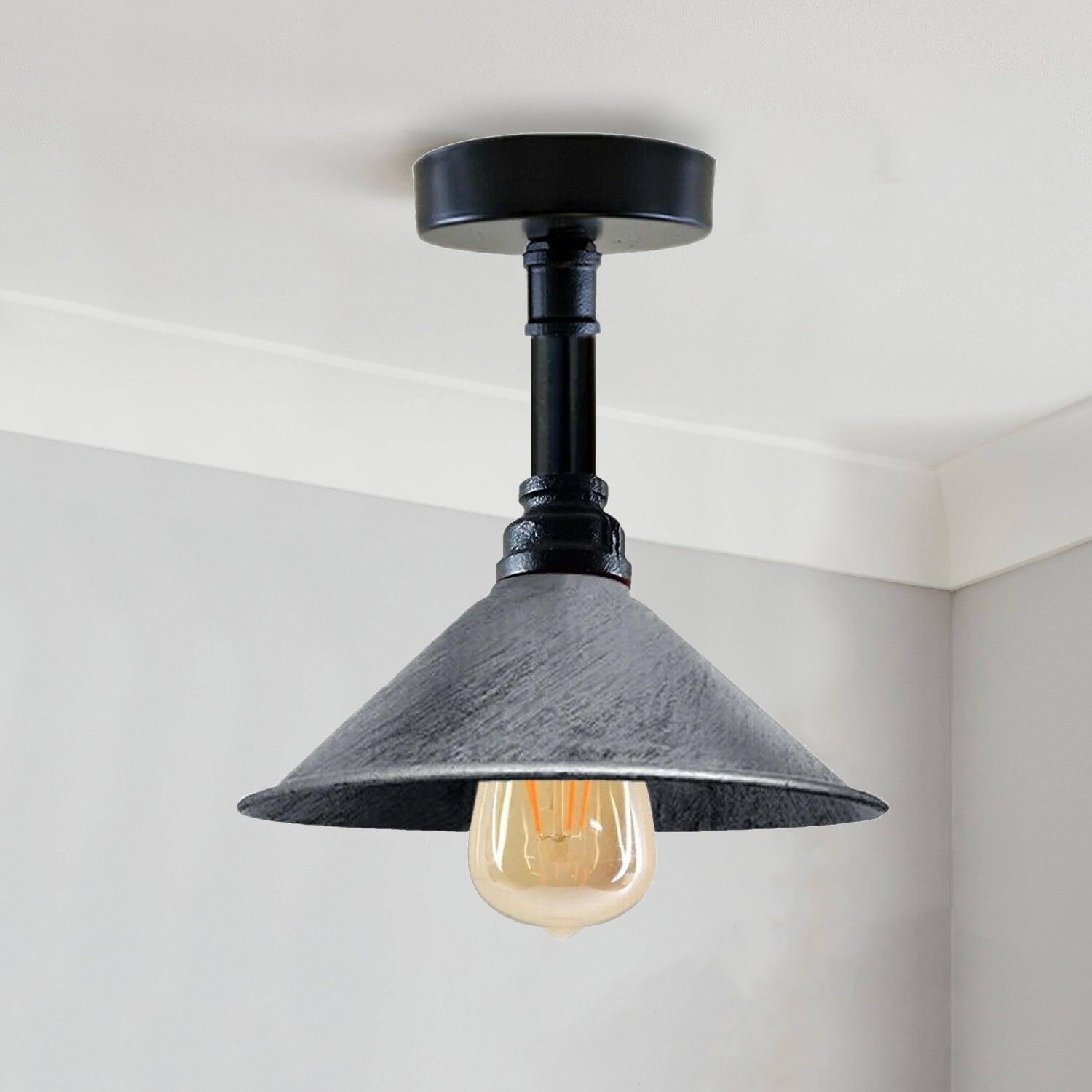 Industrial Ceiling Light Shade Vintage Metal Brushed Silver Pipe Light Retro Loft Flush Lamps~3559
