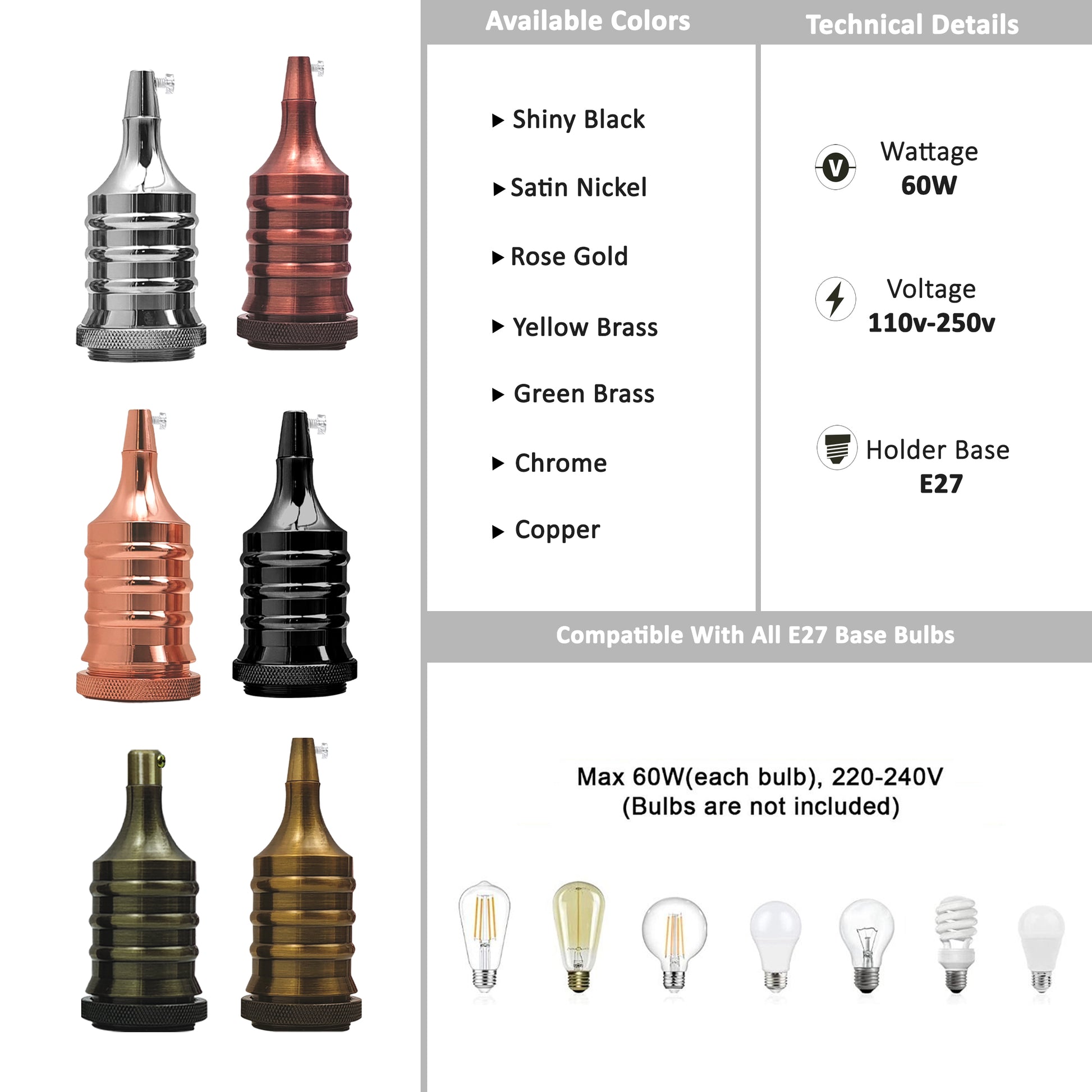 E27 Metal Lamp Holder Lamp Shades Bulb Light Socket Hard wired Screw~4395