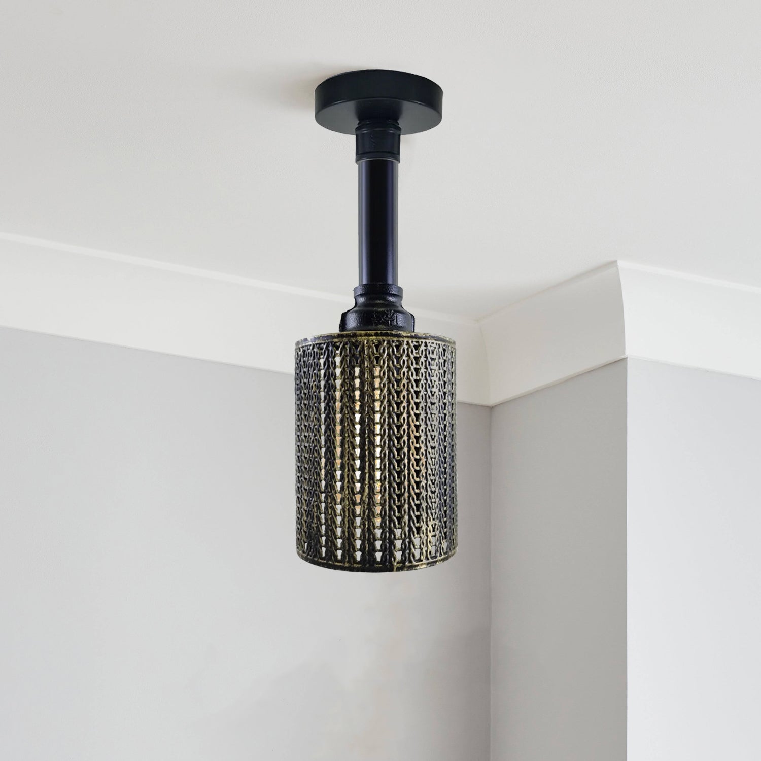 Modern Industrial Pipe Ceiling Light Fitting Vintage Cage Flush Lights UK~3606