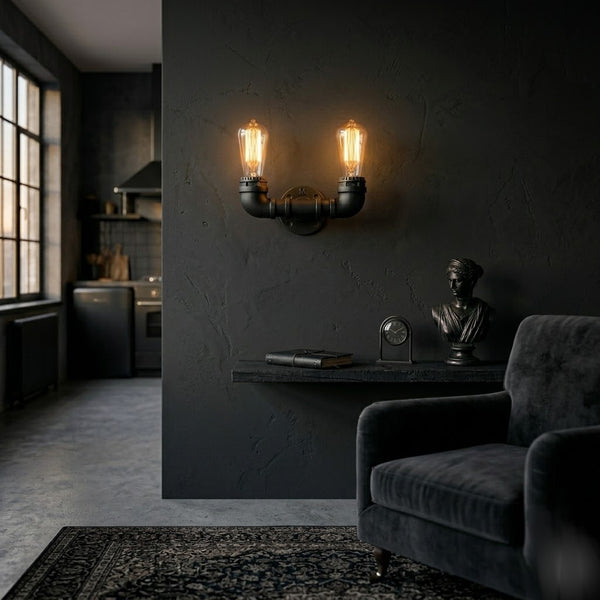 Industrial Steampunk Water Pipe Wall Light –  E27  Vintage Retro Loft Sconce~2133 – Black / Yes