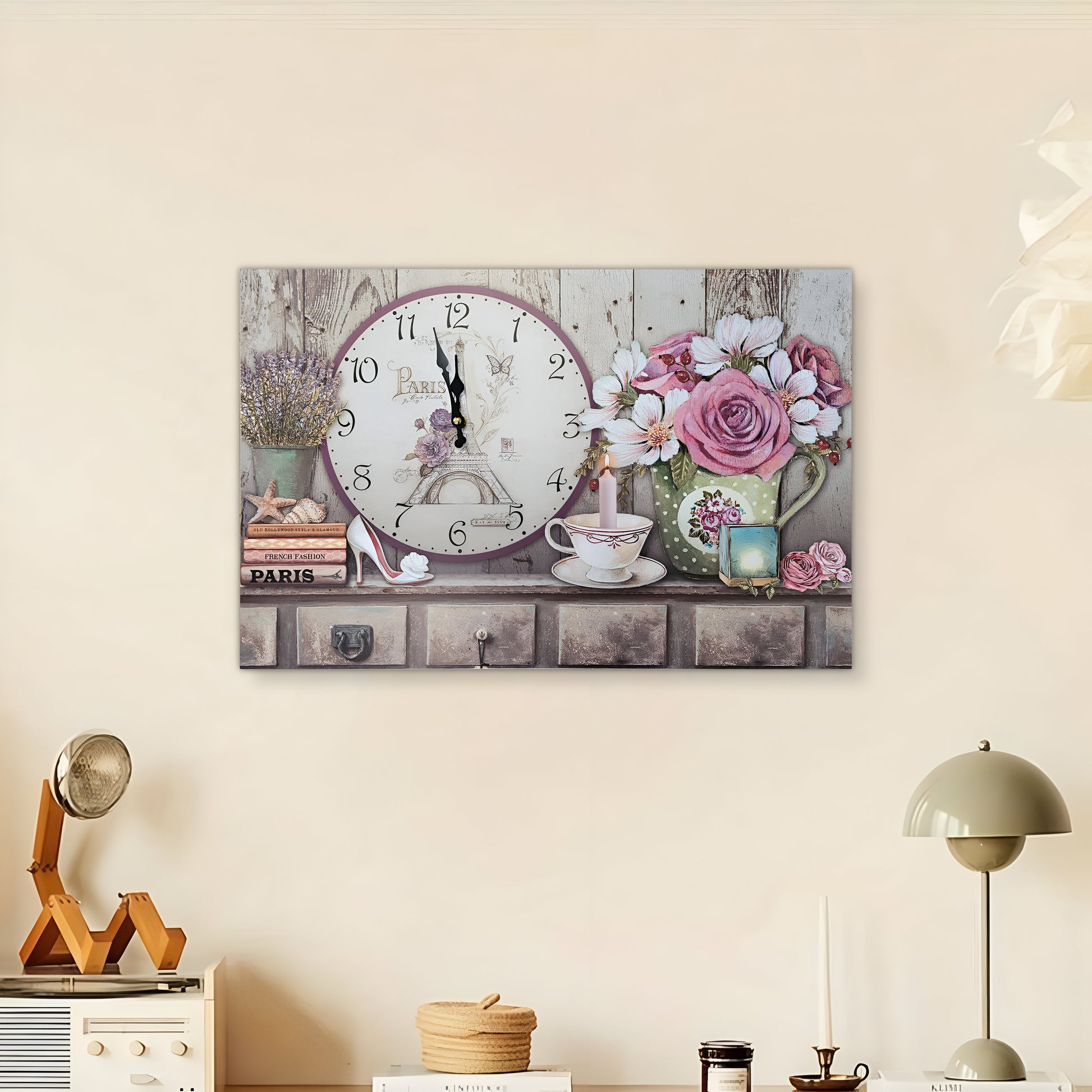 Shabby Chic Floral Vintage Style Art Painting Wall Clock